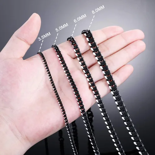 Vista 6 de MOWOM Collar de cadena negra para hombres y mujeres, resistente al agua, acero inoxidable 316L, cadenas de eslabones cubanos grandes y gruesas