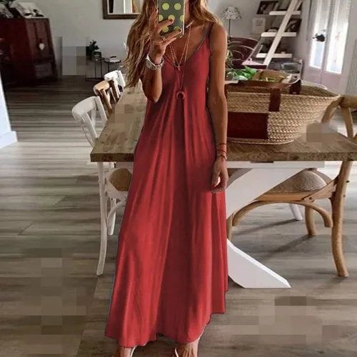Vista 2 de Kiosan Vestidos de verano 2023 Vestido de trabajo sin mangas de manga corta sólido con cuello en V vestido casual de mujer vestido maxi