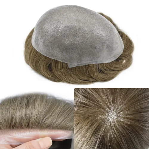 Vista 16 de Tupé de piel ultra fina para hombres pieza de cabello humano real sistema de reemplazo 0.002 in Mens Toupee Hairpiece para hombres V-Loop 8x10 80%