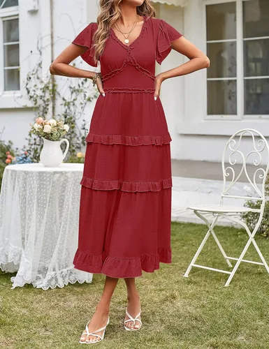 Vista 3 de MEROKEETY Vestido de verano casual para mujer 2023 con cuello en V, manga con volados, cintura alta, volantes y escalonado