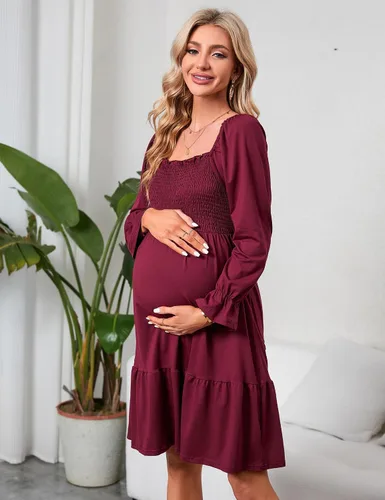 Vista 4 de KOJOOIN Vestido de verano de manga corta con cuello cuadrado para mujer, estilo bohemio, fruncido, con volantes, casual, vestido midi para baby