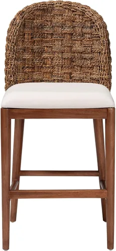 Vista 4 de Bali & pari Denver - Taburete moderno bohemio de madera de acacia y hierba marina con acabado marrón nogal