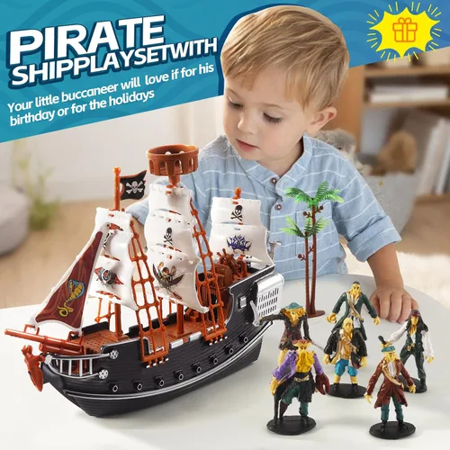 Vista 2 de Figuras de acción pirata, juego de barco pirata, juguetes de simulación de barco pirata con 6 figuras de acción y árbol, juguete de juego