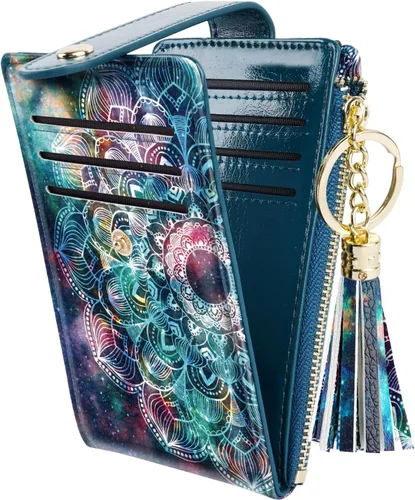 Vista 8 de Cartera delgada con bloqueo RFID para mujer, cartera de cuero con múltiples tarjetas, cartera plegable con borla, bolsillo con cremallera