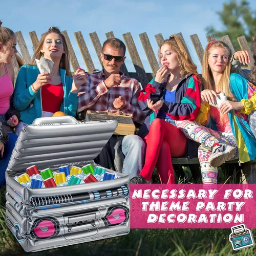 Vista 7 de Cunhill 1 Pieza Enfriador de Bebidas Inflable Boom Box Decoraciones de Fiesta Temática de Verano de los 80s 90s Enfriador Inflable Radio Boom Box