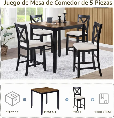 Vista 6 de Juego de mesa de comedor de 5 piezas para 4, juego de mesa de comedor cuadrada de madera maciza, juego de mesa de cocina con mesa cuadrada y 4