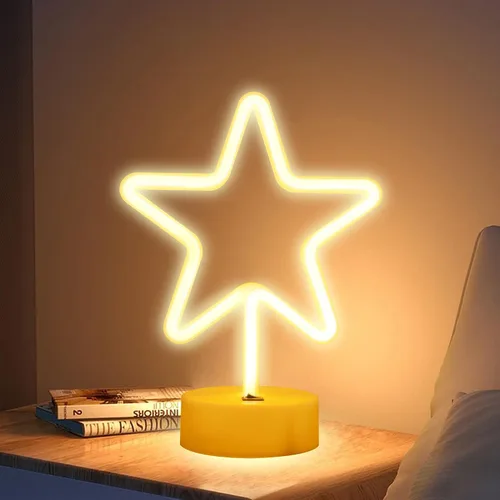 Vista 4 de ENUOLI Lámpara de luz LED de neón en forma de estrella blanca cálida con base, funciona con pilas y USB, letrero de neón LED en forma de estrella