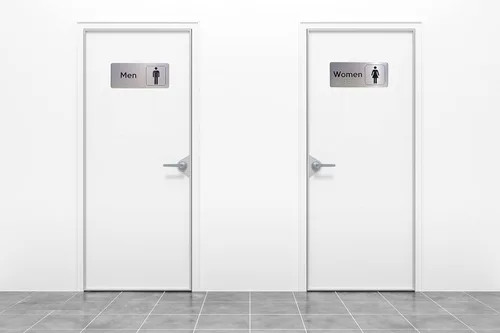 Vista 5 de Letreros de baño para hombres y mujeres con braille (juego de 2), 7 pulgadas de ancho x 3 pulgadas de alto, letreros de baño con cinta de espuma