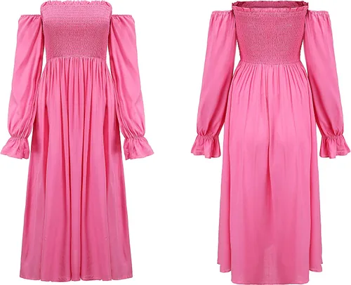 Vista 6 de R.Vivimos Vestido de verano para mujer, de manga larga, casual, estampado a cuadros, fruncido, hombros descubiertos, acampanado, vestido midi