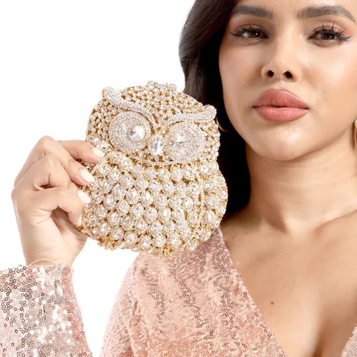 Vista 2 de Boutique De FGG Mini bolso de mano de cristal para fiesta de búho para mujer, bolsos de noche de animales, bolso de mano con diamantes de imitación