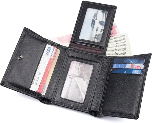 Vista 5 de RFID bloqueo genuino cuero de vaca triple tarjeta cartera para hombres con 2 ventanas de identificación