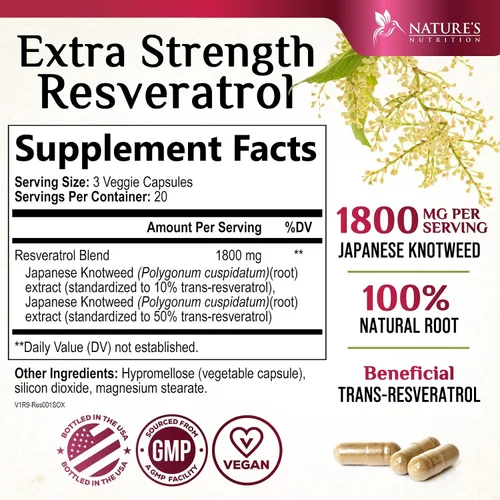 Vista 2 de Suplemento de resveratrol – 1800 mg por porción mezcla de resveratrol extra fuerte – Mezcla antioxidante para un envejecimiento saludable, salud