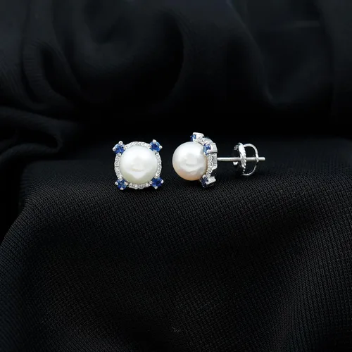Vista 2 de Mother's Day Gifts for Mom, Pearl Halo Stud Earrings for Women, 7MM Freshwater Pearl, 925 Sterling Silver White Pearl Earrings with Blue Sapphire