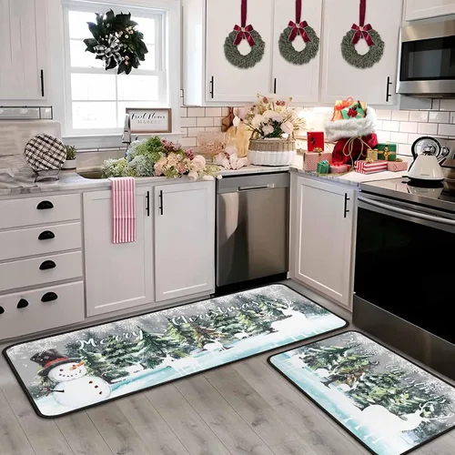 Vista 8 de Juego de 2 tapetes de cocina verdes de Navidad, decoración de Navidad antideslizante, ciervo, muñeco de nieve, alfombras de cocina de invierno