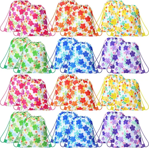 Vista 7 de Teling - 14 mochilas de hibisco, bolsas de recuerdos de fiesta con temática hawaiana con cordón Tiki Luau Treat Hawaii, bolsa de regalo tropical