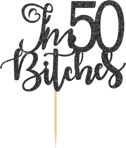 Vista 2 de Decoración para tartas con purpurina negra con texto en inglés "I'm 50 Bitches", para 50 años, para mujer o hombre, suministros para fiestas