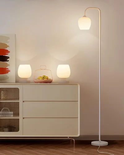 Vista 8 de ONEWISH Lámpara de pie rosa, moderna lámpara de pie para sala de estar, dormitorio, pantalla de lámpara de cristal, bombilla LED incluida, bonito