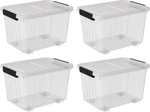 Vista 2 de Paquete de 4 cajas de almacenamiento con pestillo transparente de 30 litros, contenedores grandes de plástico con ruedas
