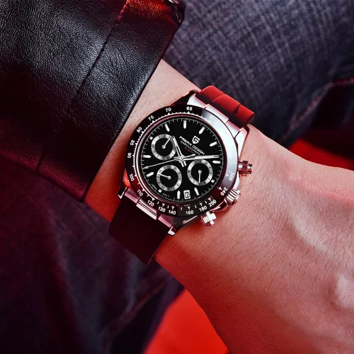Vista 3 de Pagani Design Relojes mecánicos automáticos de lujo para hombre, esfera de esqueleto, acero inoxidable, bisel de arco iris, correa de goma, 328.1
