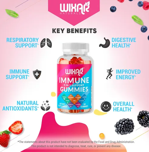 Vista 4 de WIXAR NATURALS Gomitas de apoyo inmunológico 9 en 1 con saúco, vitamina C y D, zinc, cúrcuma, jengibre, equinácea, astrágalo y musgo marino