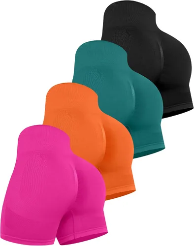Vista 20 de CHRLEISURE Pantalones Cortos de Entrenamiento para Mujer, 4 Paquetes, Cintura Alta, Levantamiento de Glúteos con Fruncido, Pantalones Cortos Booty