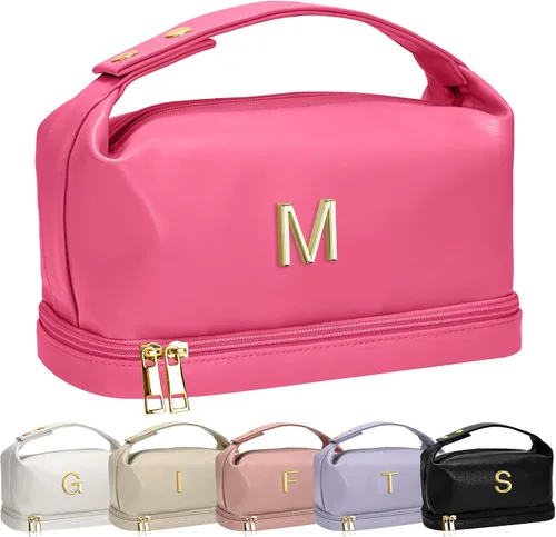 Vista 49 de Bolsa de maquillaje con asa, bolsa de cosméticos impermeable de doble capa, bolsas de maquillaje de cuero PU de gran capacidad con letra, bolsa