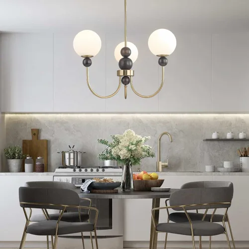 Vista 3 de BOKT Candelabros de cristal con forma de globo de mediados de siglo, moderna lámpara dorada para casa de campo, con barra ajustable, lámpara