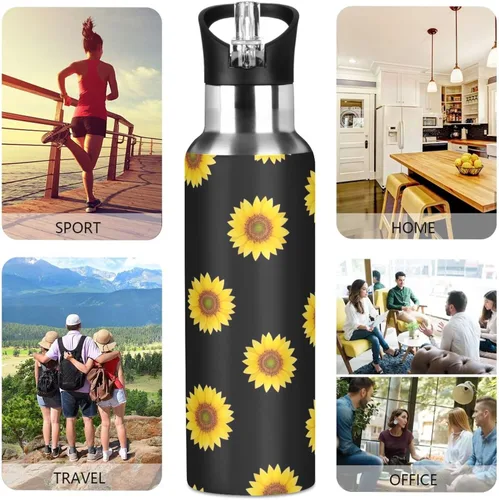 Vista 5 de Stainless Steel Vacuum Insulated Water Bottle 32 Oz, BPA-Free Sports Water Bottle for Gym Outdoor Travel School, Yellow Sunflowers Black