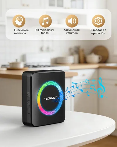 Vista 3 de TECKNET Timbre inalámbrico, timbre de puerta de 0 a 120 dB, rango de batería de 1300 pies, timbres de aula IP66 impermeables, 60 campanadas y 5