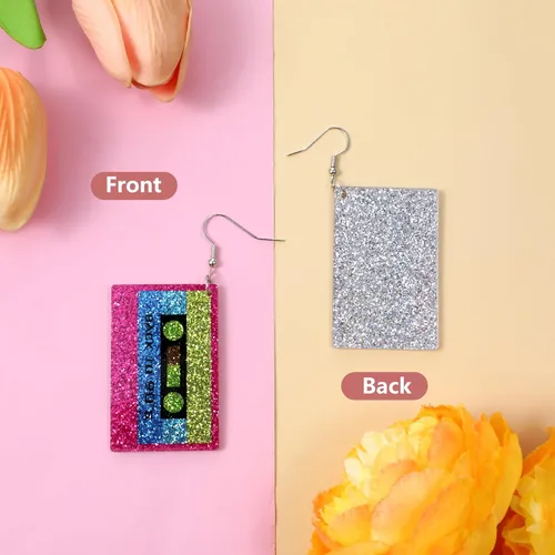 Vista 3 de Neon Earrings 80s 90s Earrings for Women Retro Acrylic Cassette Tape Style Radio Drop Earring Neon Jewelry for 80s90s Halloween Cosplay Glow Party