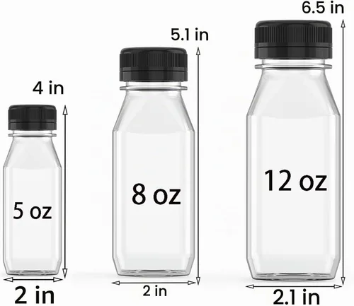 Vista 2 de 5 piezas de botellas de jugo de plástico reutilizables de 6 oz, recipientes transparentes a granel con tapas negras para jugo, batidos, té, leche
