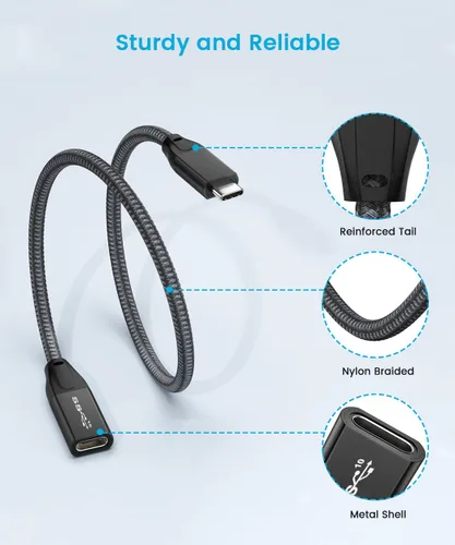 Vista 6 de Cable de extensión USB C, 2 pies / 2.0 ft USB 3.1 Gen 2 tipo C macho a hembra cable extensor compatible con PD 100W/10Gbps/4K @60Hz salida de video