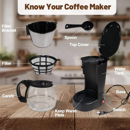 Vista 4 de Cafetera de goteo de 5 tazas de café antigoteo de un solo toque con jarra de filtro reutilizable, para mantener el calor, cuchara, cafetera