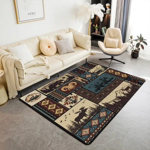 Vista 12 de Erosebridal Alfombra rústica de ciervo para niños y niñas, alfombra vintage con cuernos de alce de 3 x 5, alfombra de paisaje de árboles en acuarela