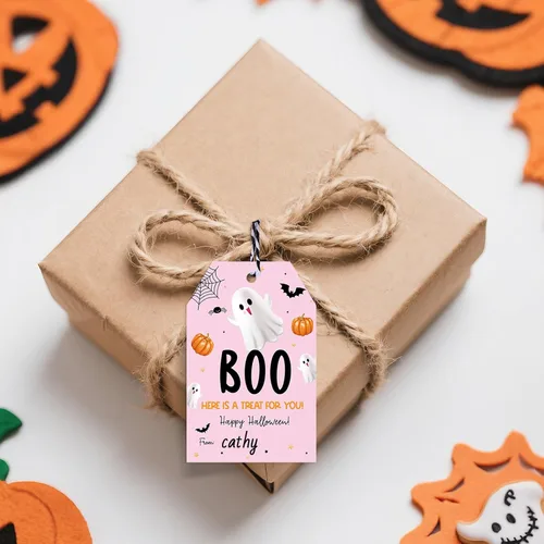 Vista 4 de jijAcraft Etiquetas de Halloween con cuerda, 50 etiquetas de regalo de papel de feliz Halloween, 3.3 x 2.1 pulgadas, diseño de fantasma rosa, un