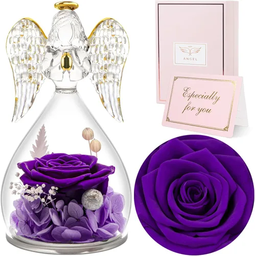 Vista 13 de Sunia Regalos para mamá, regalos de cumpleaños para mujeres, rosas reales preservadas en figura de ángel de cristal, flores eternas para la entrega