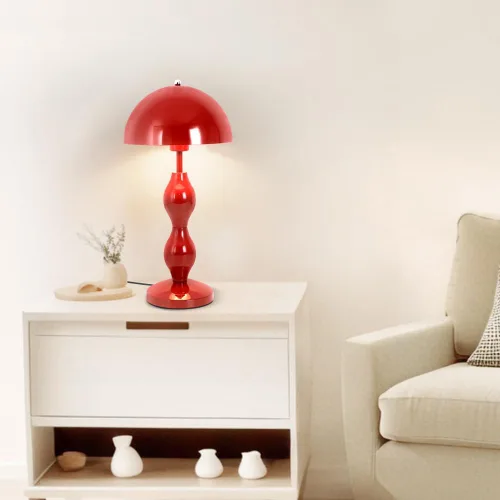 Vista 2 de Lámpara de mesa de hongos, lámparas únicas de maceta para dormitorio, bonita lámpara de escritorio LED roja, lámpara moderna de mediados de siglo