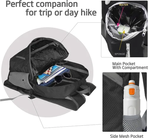 Vista 3 de Mochila impermeable plegable 35L para viajes de deportes al aire libre dentro del compartimento de ropa mojada plegable para múltiples