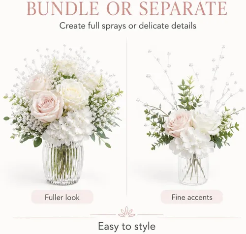 Vista 7 de ULTNICE 100 perlas blancas para manualidades, cuerda de perlas artificiales falsas, palitos decorativos para ramo de flores, centro de mesa de boda