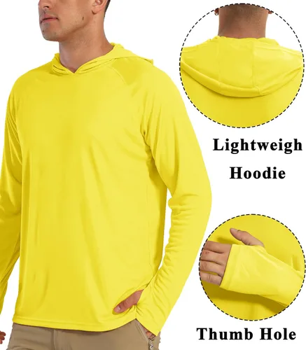 Vista 4 de BIYLACLESEN Camiseta de manga larga con protección solar UPF 50+ para hombre, para correr, con capucha