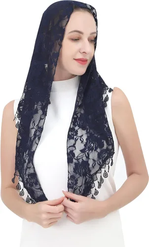 Vista 4 de Velo de encaje Triángulo Mantilla velo Mantón o Bufanda Latina Masa Cabeza Cubierta con Flecos Encaje
