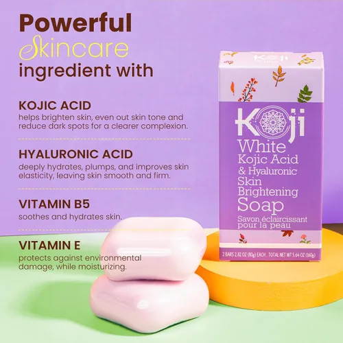 Vista 4 de Koji White Jabón iluminador de piel con ácido kójico y ácido hialurónico para hidratar, hidratante facial, radiante de piel, barra limpiadora