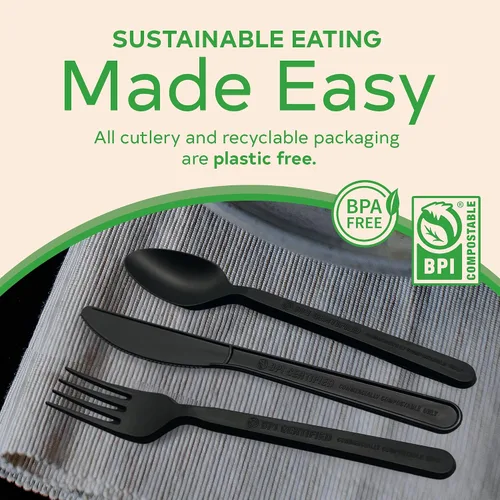 Vista 3 de Juego de cubiertos compostables, utensilios compostables a base de plantas, cubiertos compostables aptos para lavavajillas, cubiertos desechables