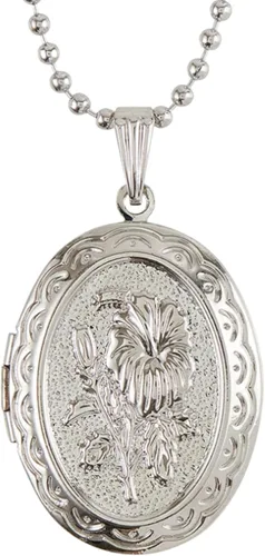 Vista 2 de Collar con medallón en tono plateado para mujer, diseño floral grabado, colgante ovalado con imagen a todo color en el interior, regalo de joyería
