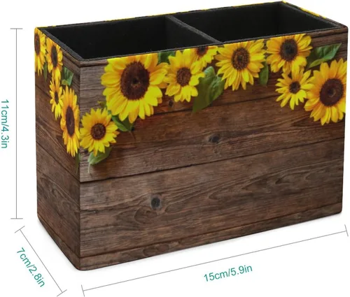 Vista 2 de Soporte para bolígrafos, soporte para lápices para organizador de escritorio, girasol floral de madera, tazas de cuero sintético, almacenamiento