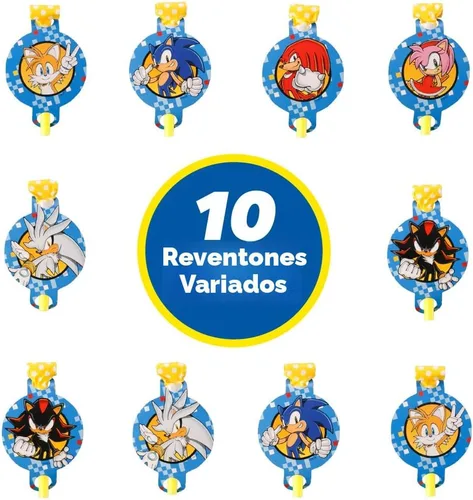 Vista 4 de Kit de Fiesta de Cumpleaños de Sonic The Hedgehog - Suministros Completos para 10, Decoraciones Temáticas de Videojuegos, Pancarta con Licencia