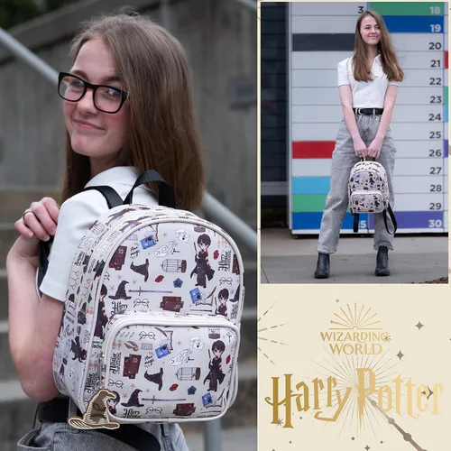 Vista 7 de Harry Potter Wizarding World Magic Mini mochila con estampado de iconos Hogwarts Allover de 10.5 pulgadas, correas ajustables, piel sintética