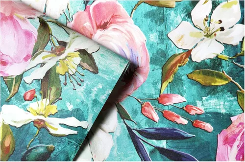 Vista 7 de HAOKHOME Papel tapiz floral para despegar y pegar, verde azulado/rosa, extraíble, texturizado, para decoración de dormitorio, guardería, 17.7