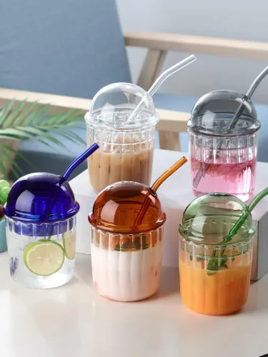 Vista 3 de TITA-DONG Lindos vasos para beber con tapa de cúpula y pajilla, vasos reutilizables de boca ancha para batidos de 15 onzas, vaso de vidrio para café