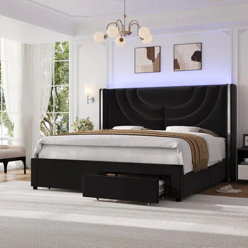 Vista 8 de HITHOS - Base de cama tapizada tamaño individual, cabecera de almacenamiento LED, color beige Velvet Bedframe with Storage Drawers, Wingback with